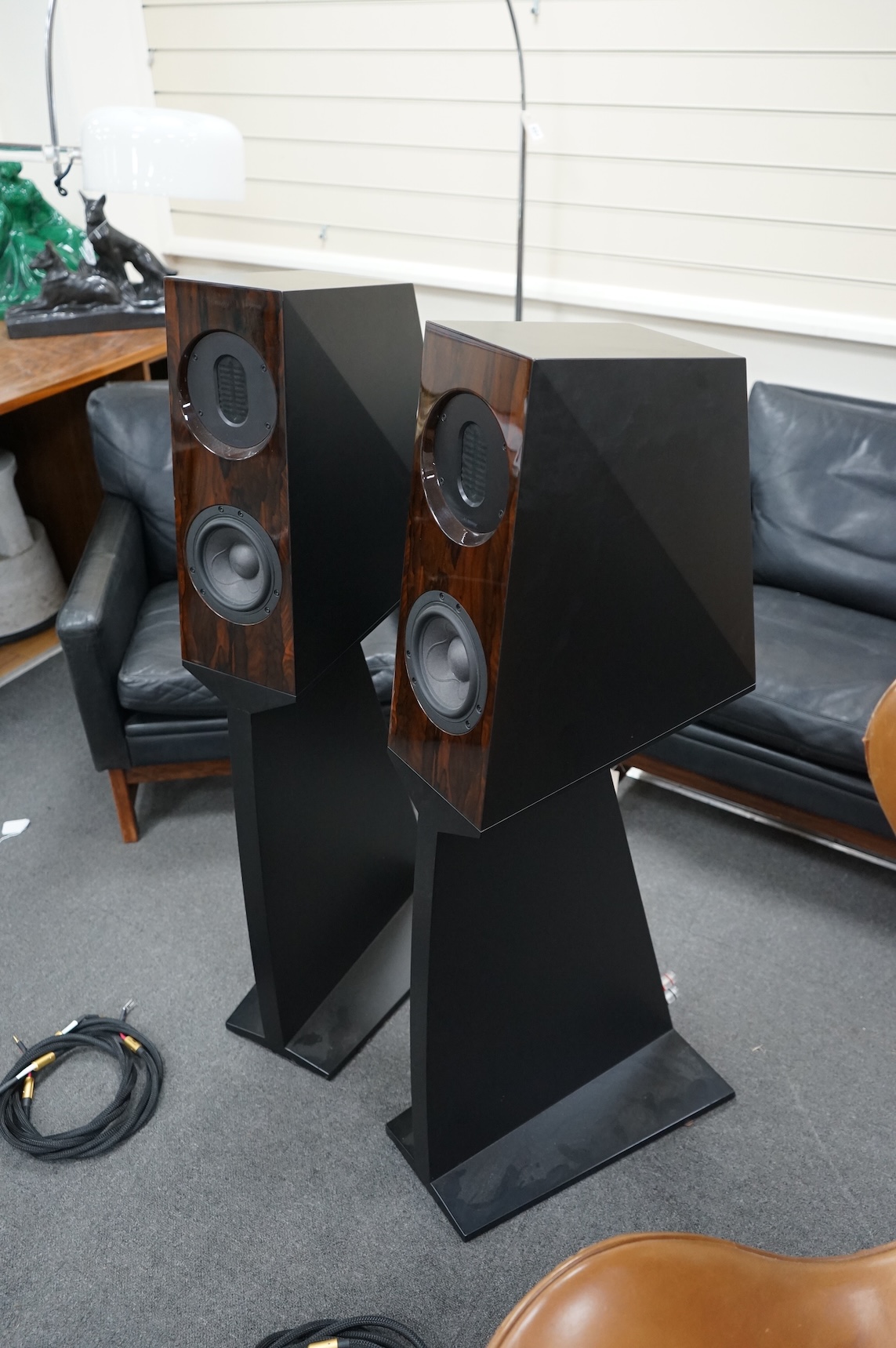 A pair of Kaiser Acoustics Kawero Chiara loudspeakers, made in Germany, high density plywood cabinets and integrated stands, with the fronts in the rosewood finish, 116cm high, the base; 30cm x 47cm, together with two fl